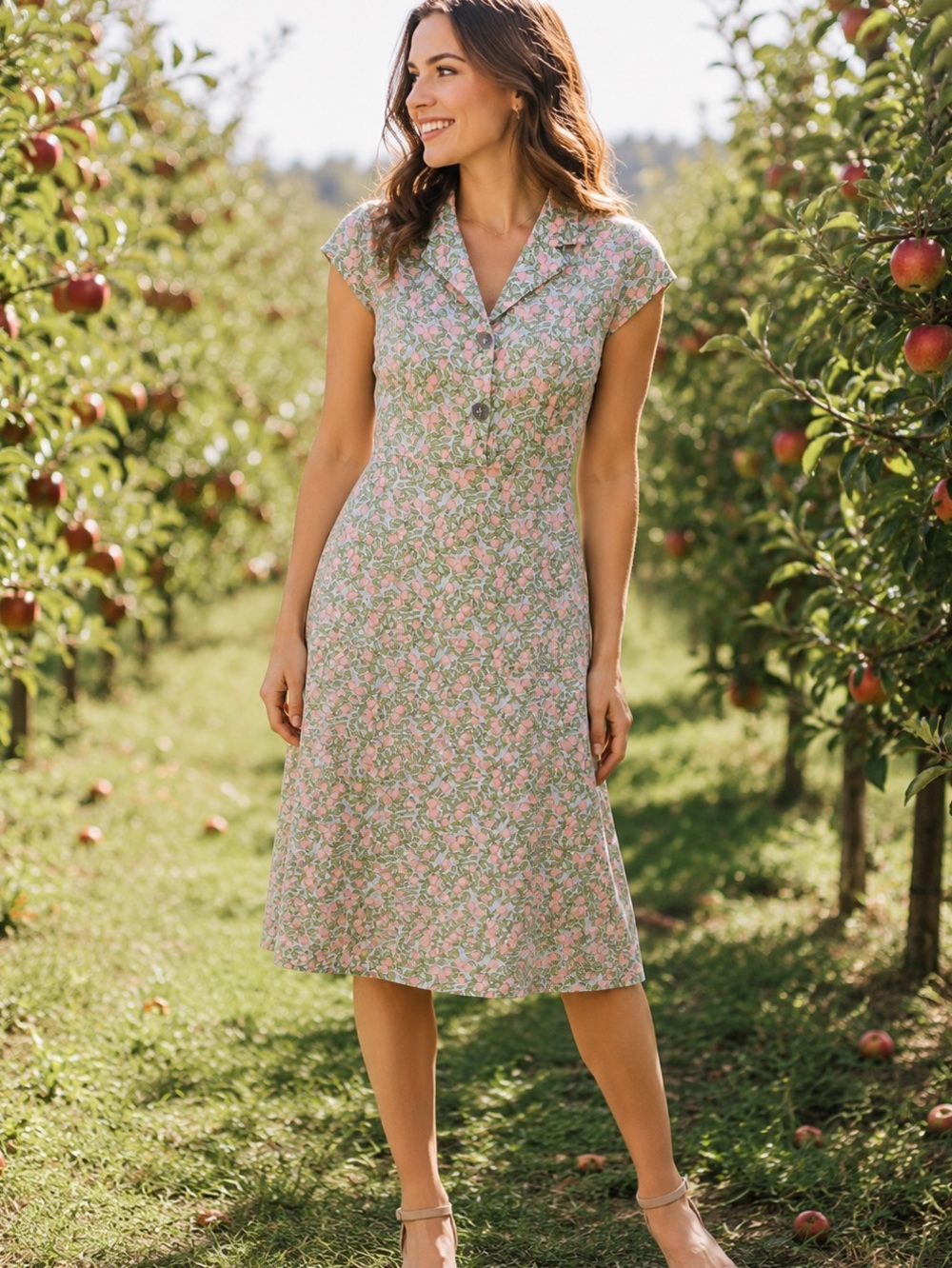 April Cornell Y2K Green Pink Apple Print Cotton Midi Dress Cottagecore Prairie S